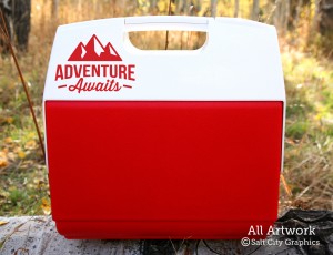 Adventure Awaits (Mountains) Decal in Red (shown on cooler)