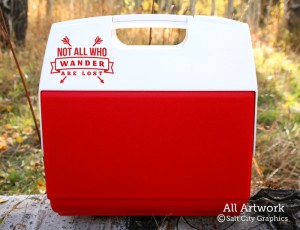 Not All Who Wander Are Lost Decal in Red (shown on cooler)