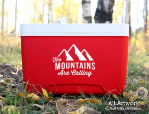 The Mountain Are Calling Decal in White (shown on cooler)
