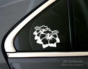 Hibiscus Flower Decal in White (shown on car window)