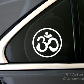 Om Symbol in Circle Outline Decal in White (shown on car window)