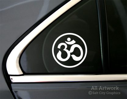 Om Symbol in Circle Outline Decal in White (shown on car window)