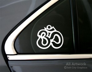 Om Outline Decal in White (shown on car window)