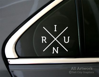 I Run (X) Decal in White shown on car window