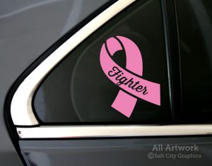 Fighter Awareness Ribbon Decal in Soft Pink (shown on car window)