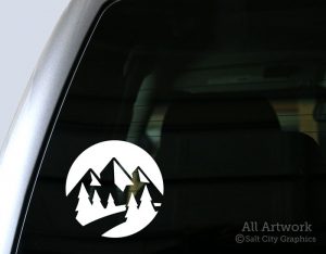 Mountain Range with Nature Scene Decal in White (shown on truck window)