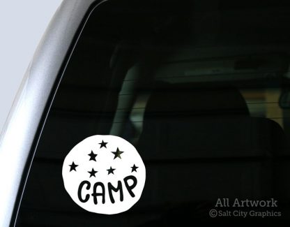 Camp Under the Stars decal in White (shown on truck window)