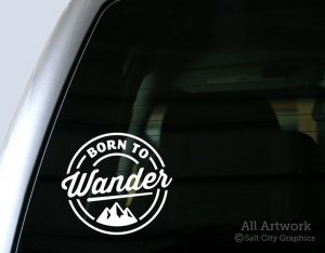 Born to Wander Decal (with Mountains) in White (shown on truck window)