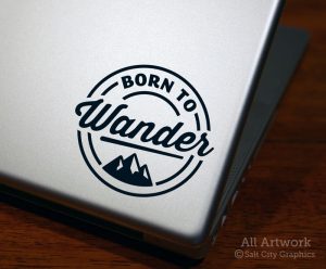 Born to Wander Decal (with Mountains) in Black (shown on laptop)