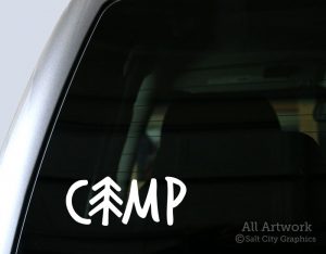 Camp Pine Tree Decal in White (shown on truck window)