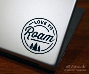 Love to Roam Decal in Black (shown on laptop)
