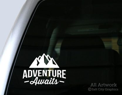 Adventure Awaits (Mountains) Decal in White (shown on truck window)