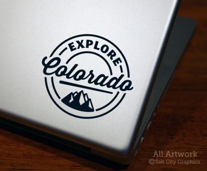 Explore Colorado Decal (with Mountains) in Black (shown on laptop)