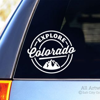 Explore Colorado Decal (with Mountains) in White (shown on SUV window)