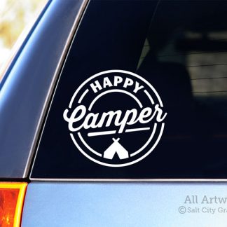 Happy Camper Decal (with Tent) in White (shown on SUV window)