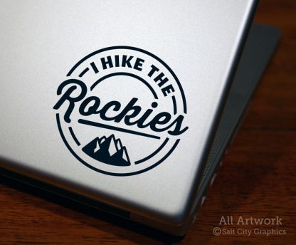 I Hike the Rockies Decal (with Mountains) in Black (shown on laptop)