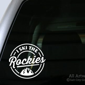 I Ski the Rockies Decal (with Mountains) in White (shown on truck window)