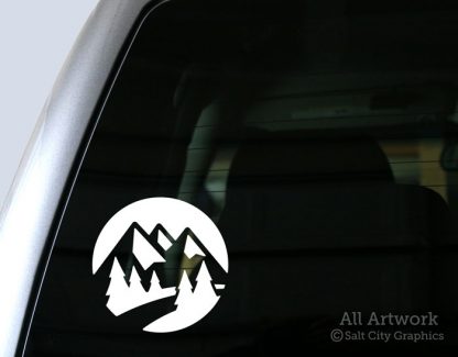 Mountain Range with Nature Scene Decal in White (shown on truck window)