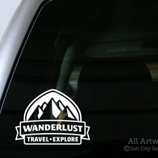 Wanderlust: Travel, Explore Decal (Badge with Mountains) in White (shown on truck window)