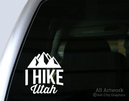 I Hike Utah Decal (with Mountains) in White (shown on truck window)