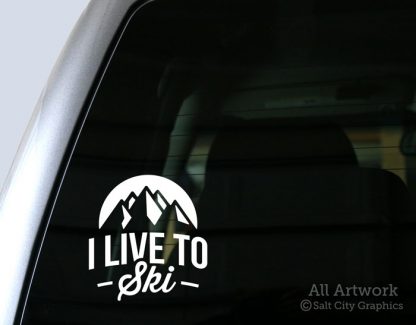 I Live to Ski Decal in White (shown on truck window)