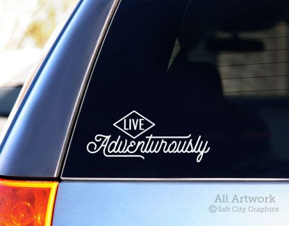Live Adventurously Decal (Typographic/Script) in White (shown on SUV window)