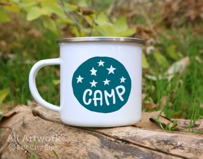 Camp Under the Stars Enamel Camp Mug, with design in Blue