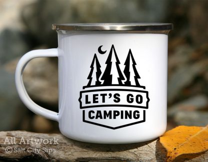 Let's Go Camping Enamel Camp Mug, with design in black