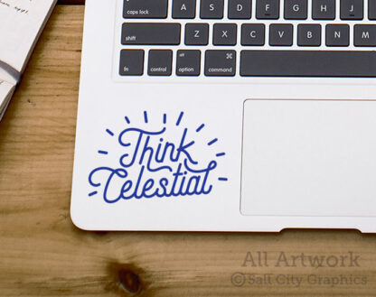 Think Celestial vinyl decal in Bright Blue shown on laptop