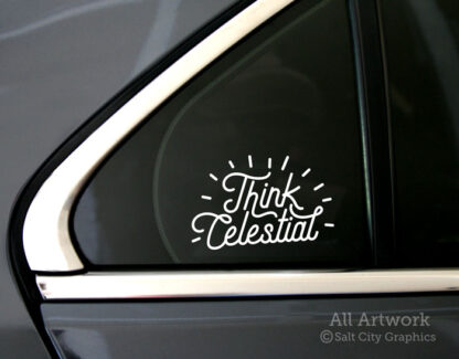 Think Celestial vinyl decal in White shown on car window