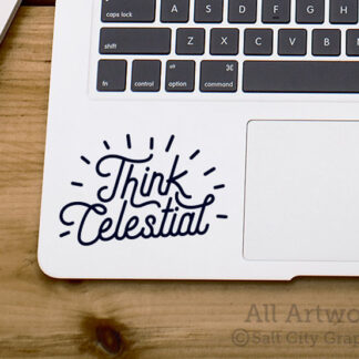 Think Celestial vinyl decal in Black shown on laptop