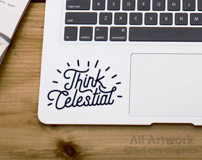 Think Celestial vinyl decal in Black shown on laptop