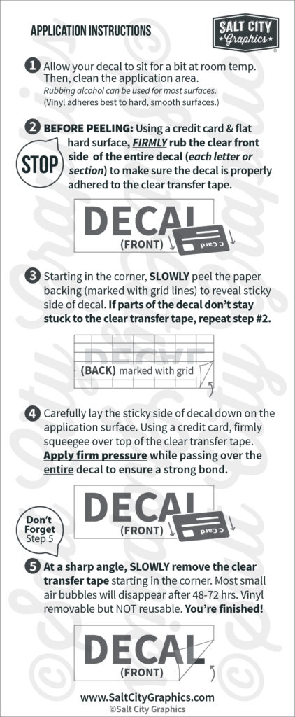 Image of application instructions for Salt City Graphics decals; copyright Salt City Graphics